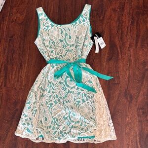 Aqua Lace Overlay Dress with Ribbon Tie